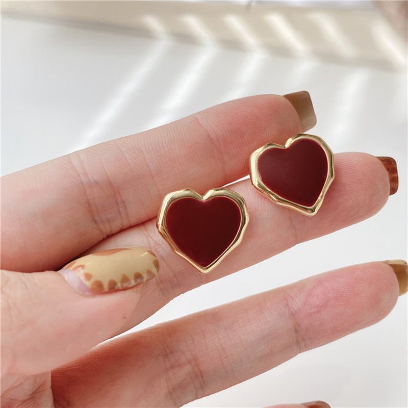 Enamel Red Heart Earrings 18K Gold Stud Earrings For Women-Jewearrings