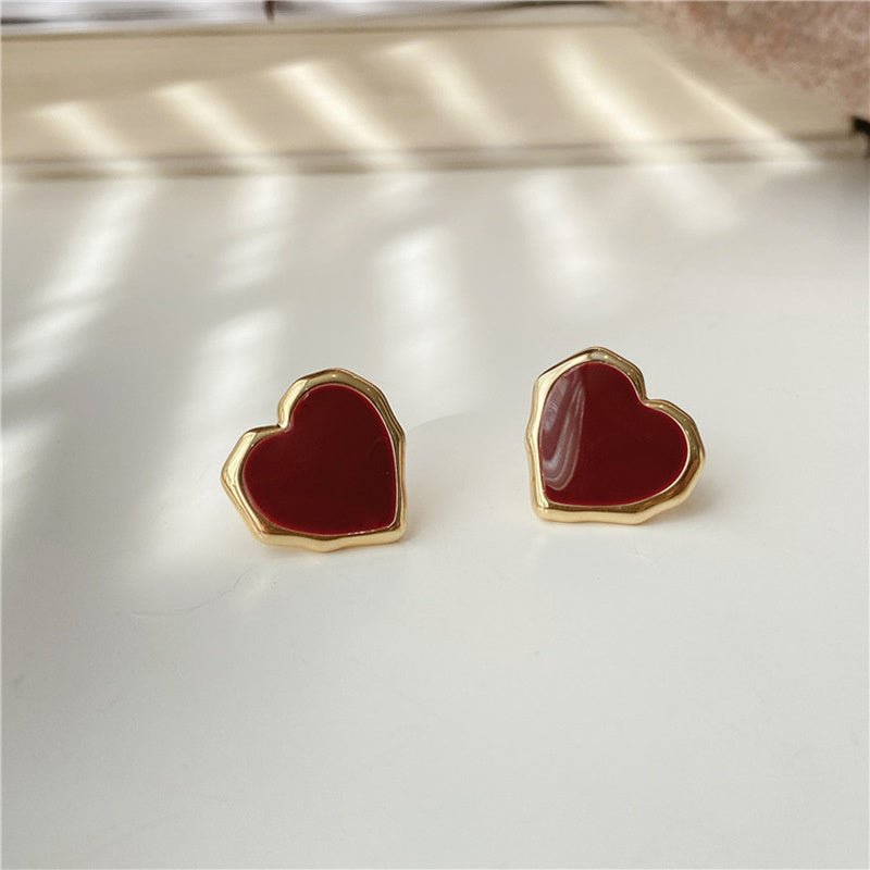 Enamel Red Heart Earrings 18K Gold Stud Earrings For Women-Jewearrings