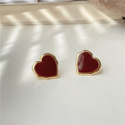 Enamel Red Heart Earrings 18K Gold Stud Earrings For Women-Jewearrings