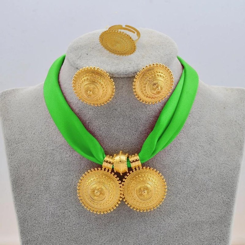 Ethiopian Ladies Gold Plated Necklace Earrings Ring Jewelry Set-Jewearrings