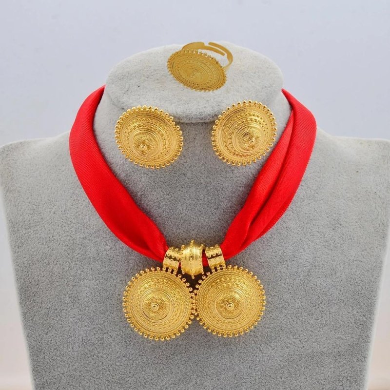 Ethiopian Ladies Gold Plated Necklace Earrings Ring Jewelry Set-Jewearrings