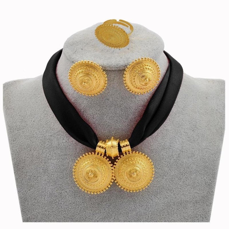 Ethiopian Ladies Gold Plated Necklace Earrings Ring Jewelry Set-Jewearrings