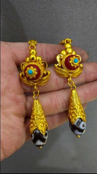 Ethnic Style Gold-plated Dzi Bead Earrings-Jewearrings