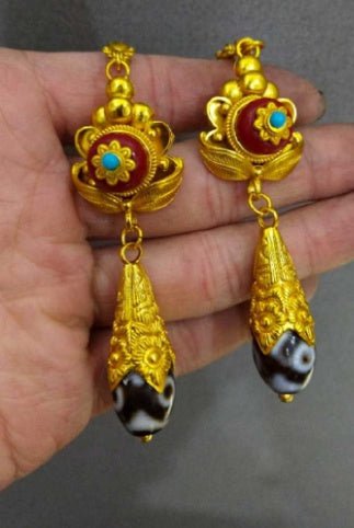 Ethnic Style Gold-plated Dzi Bead Earrings-Jewearrings