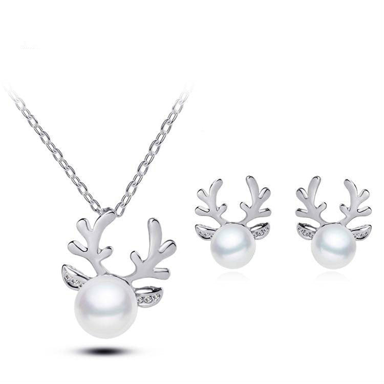 Europe and the United States foreign trade Pearl Necklace Earrings Set Diamond Wedding Jewelry Necklace Set bride antlers-Jewearrings