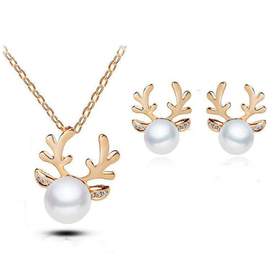 Europe and the United States foreign trade Pearl Necklace Earrings Set Diamond Wedding Jewelry Necklace Set bride antlers-Jewearrings