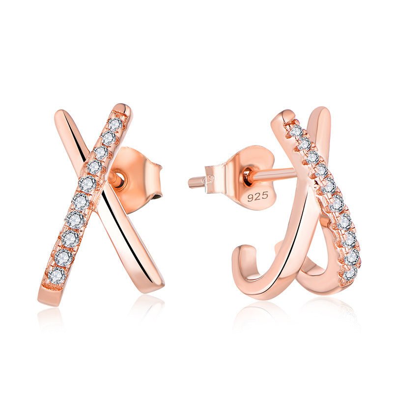 Europe And The United States Geometric Cross X Zirconia Earrings S925 Silver Plated Rose Gold Earrings European And American Creative Earrings Female-Jewearrings