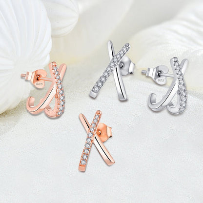 Europe And The United States Geometric Cross X Zirconia Earrings S925 Silver Plated Rose Gold Earrings European And American Creative Earrings Female-Jewearrings