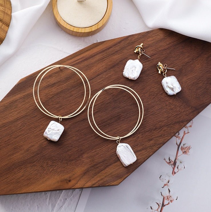 Europe and the United States new simple temperament natural pearl earrings personality geometric metal ring square shell earrings earrings-Jewearrings