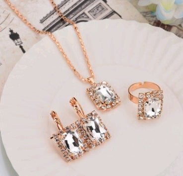 Europe And The United States Personalized Water Drop Color Diamond Necklace, Earrings, Rings Set, Shiny High-end Bridal Jewelry Wholesale-Jewearrings