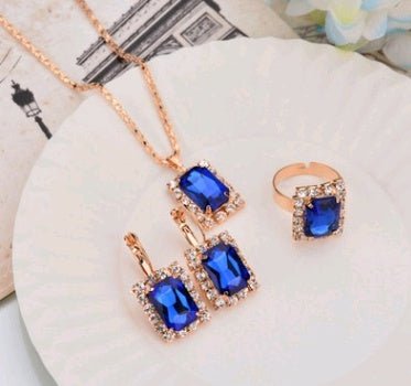 Europe And The United States Personalized Water Drop Color Diamond Necklace, Earrings, Rings Set, Shiny High-end Bridal Jewelry Wholesale-Jewearrings