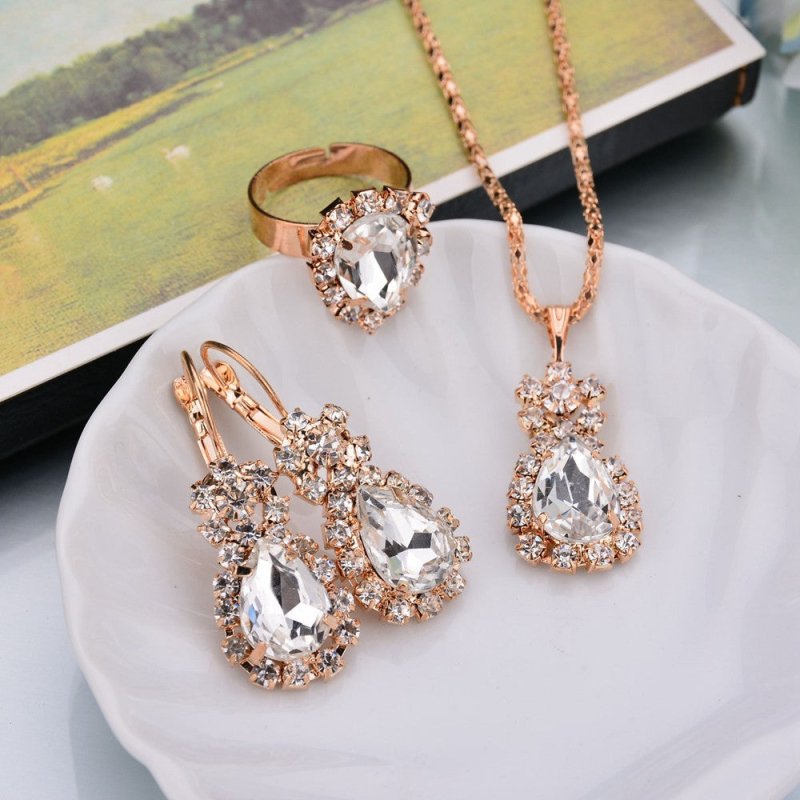 Europe And The United States Personalized Water Drop Color Diamond Necklace, Earrings, Rings Set, Shiny High-end Bridal Jewelry Wholesale-Jewearrings