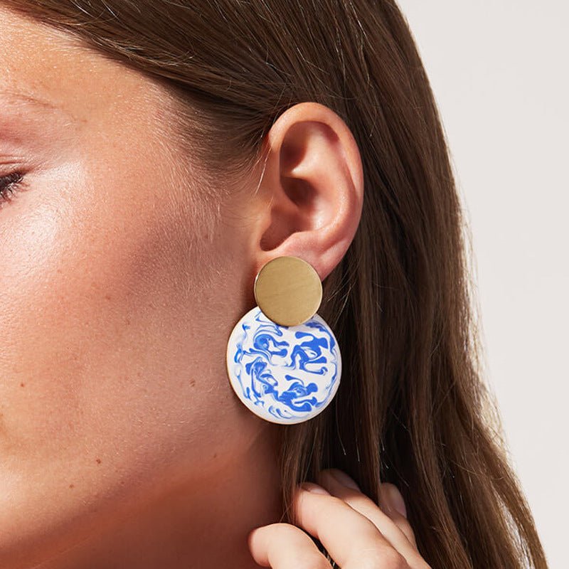 European And American Chinese Style Elements Large Blue And White Porcelain Enamel Enamel Earrings-Jewearrings