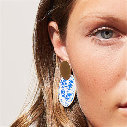 European And American Chinese Style Elements Large Blue And White Porcelain Enamel Enamel Earrings-Jewearrings