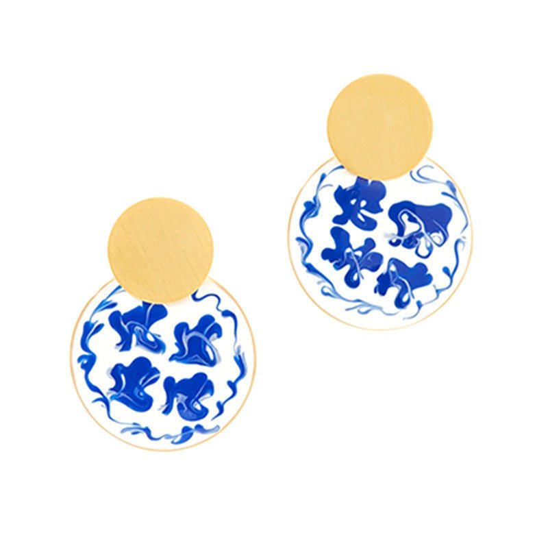 European And American Chinese Style Elements Large Blue And White Porcelain Enamel Enamel Earrings-Jewearrings