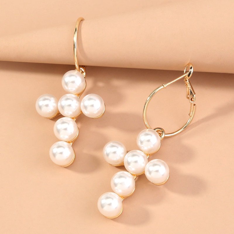 European And American Cross-border Jewelry Fashion Exaggerated Cross Handmade Pearl Inlaid Alloy Metal Earrings Earrings-Jewearrings