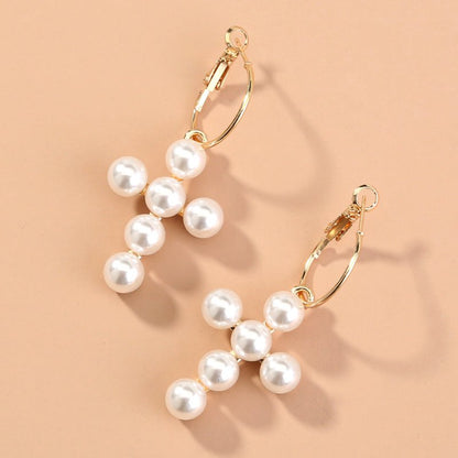 European And American Cross-border Jewelry Fashion Exaggerated Cross Handmade Pearl Inlaid Alloy Metal Earrings Earrings-Jewearrings