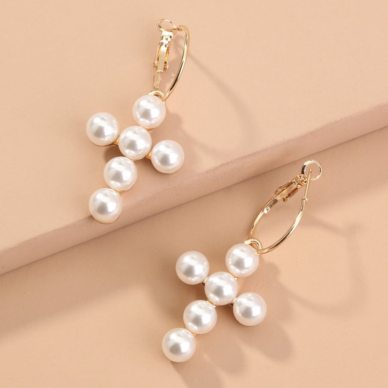 European And American Cross-border Jewelry Fashion Exaggerated Cross Handmade Pearl Inlaid Alloy Metal Earrings Earrings-Jewearrings