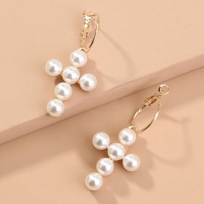 European And American Cross-border Jewelry Fashion Exaggerated Cross Handmade Pearl Inlaid Alloy Metal Earrings Earrings-Jewearrings