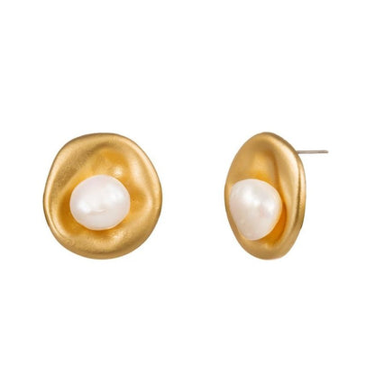 European and American cross-border new accessories, brand new original design, white pearl inlaid golden round earrings-Jewearrings