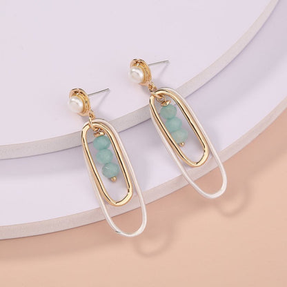 European and American double-layer sand silver oval long earrings earrings retro wild natural green agate geometry-Jewearrings