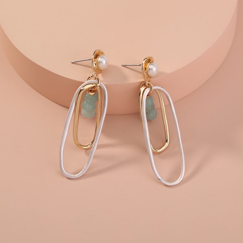 European and American double-layer sand silver oval long earrings earrings retro wild natural green agate geometry-Jewearrings