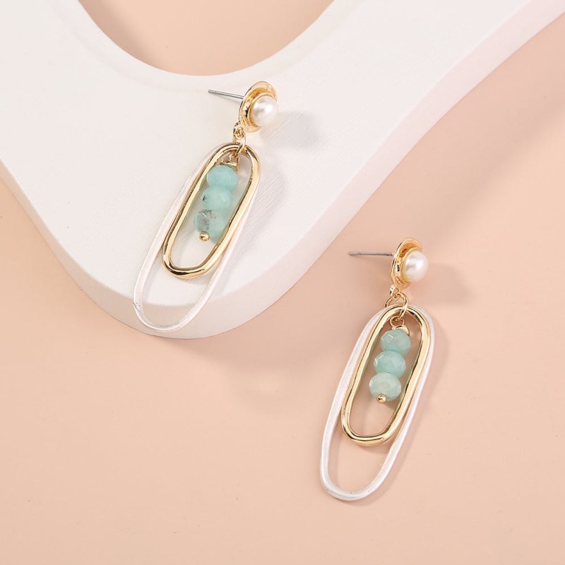 European and American double-layer sand silver oval long earrings earrings retro wild natural green agate geometry-Jewearrings