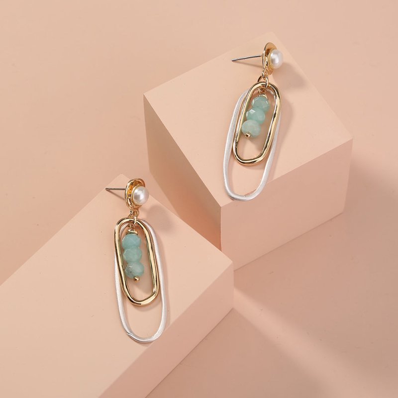 European and American double-layer sand silver oval long earrings earrings retro wild natural green agate geometry-Jewearrings