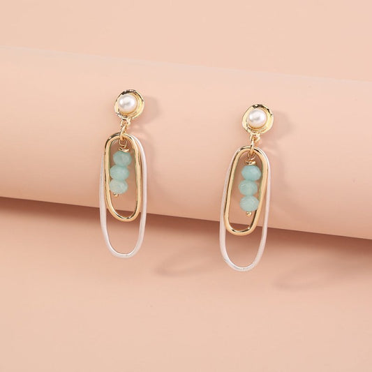 European and American double-layer sand silver oval long earrings earrings retro wild natural green agate geometry-Jewearrings