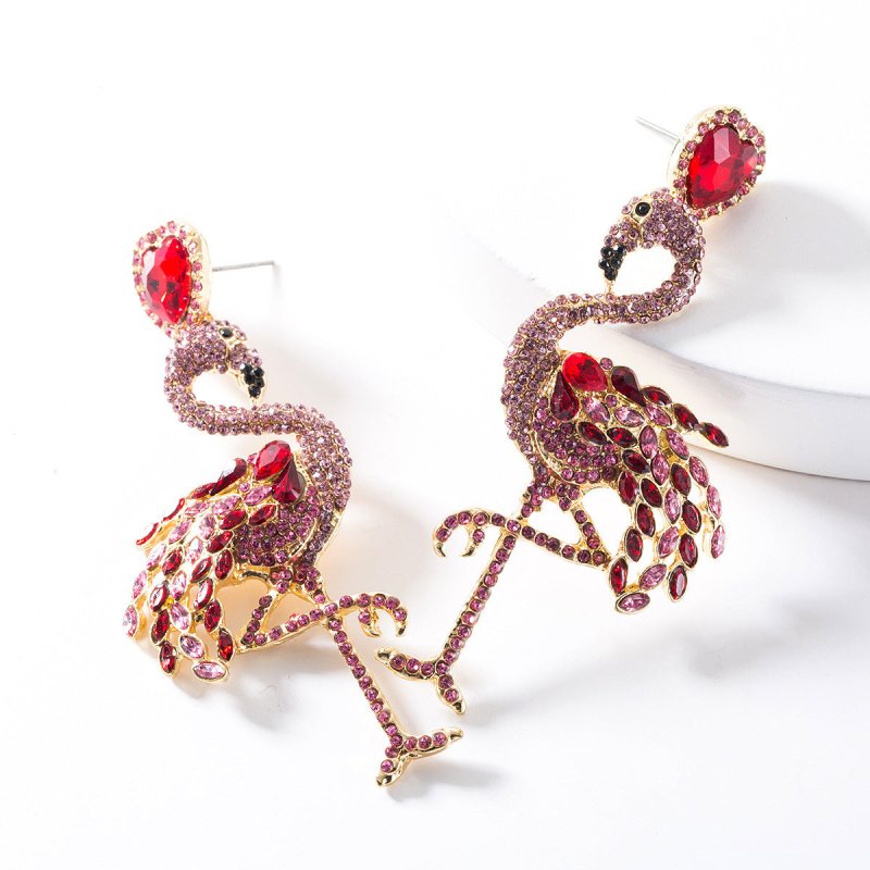 European And American Exaggerated Creative Acrylic Diamond-embedded Flamingo Earrings Trendy Women's Fashion Personalized Animal Earrings-Jewearrings