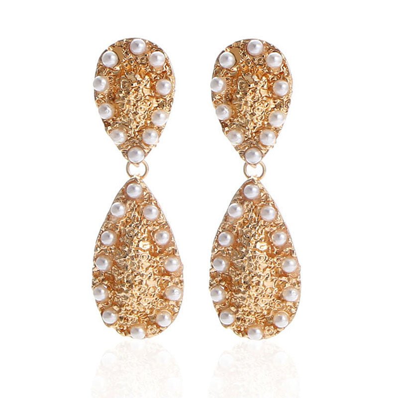 European And American Exaggerated Geometric Alloy Inlaid Pearl Drop Earrings-Jewearrings