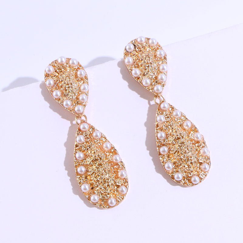 European And American Exaggerated Geometric Alloy Inlaid Pearl Drop Earrings-Jewearrings