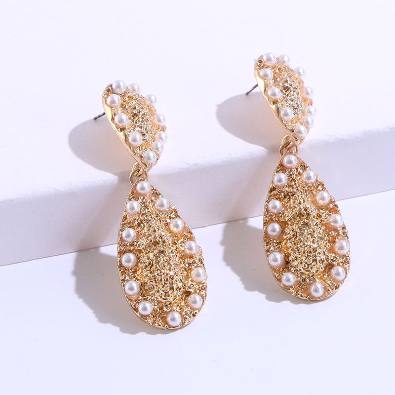 European And American Exaggerated Geometric Alloy Inlaid Pearl Drop Earrings-Jewearrings