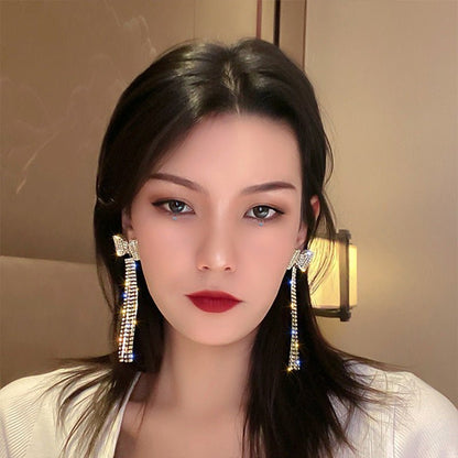 European And American Exaggerated Long Full Diamond Bow Tassel Earrings New Trendy Elegant High Sense Elegant Earrings Earrings For Women-Jewearrings