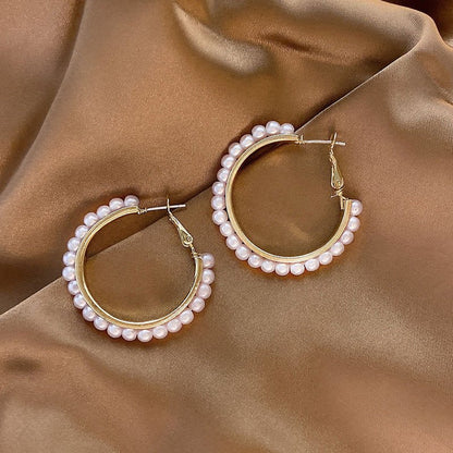 European And American Exaggerated Pearl Hoop Earrings-Jewearrings