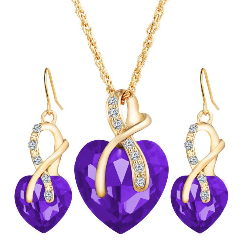 European and American fashion banquet ornaments Two-piece set of peach heart crystal diamonds Big red heart-shaped earrings necklace set-Jewearrings