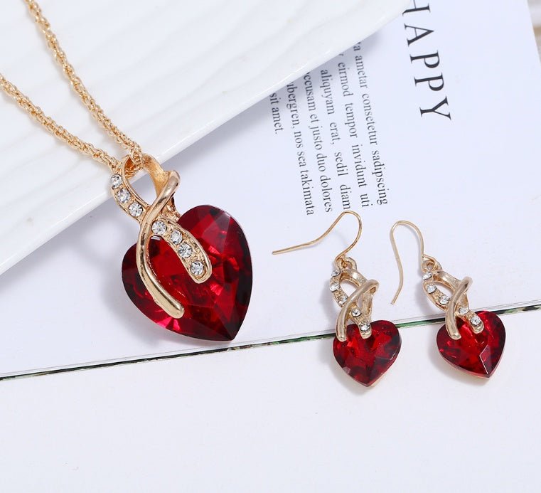 European and American fashion banquet ornaments Two-piece set of peach heart crystal diamonds Big red heart-shaped earrings necklace set-Jewearrings