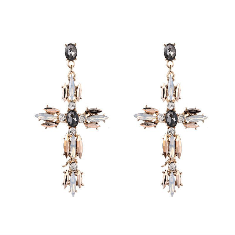 European And American Fashion Cross Alloy Diamond Hot-selling Women's Big Retro Earrings-Jewearrings