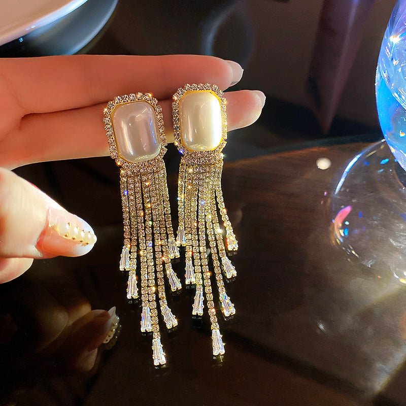 European And American Fashion Exaggerated Pearl Full Diamond Long Tassel Earrings-Jewearrings