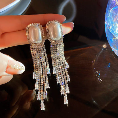 European And American Fashion Exaggerated Pearl Full Diamond Long Tassel Earrings-Jewearrings