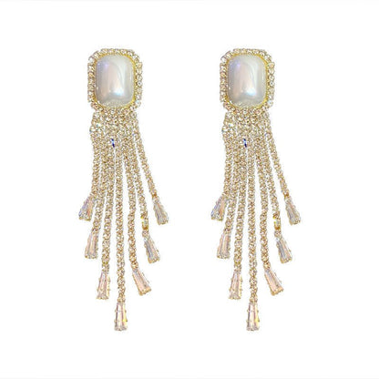 European And American Fashion Exaggerated Pearl Full Diamond Long Tassel Earrings-Jewearrings