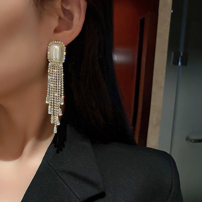 European And American Fashion Exaggerated Pearl Full Diamond Long Tassel Earrings-Jewearrings