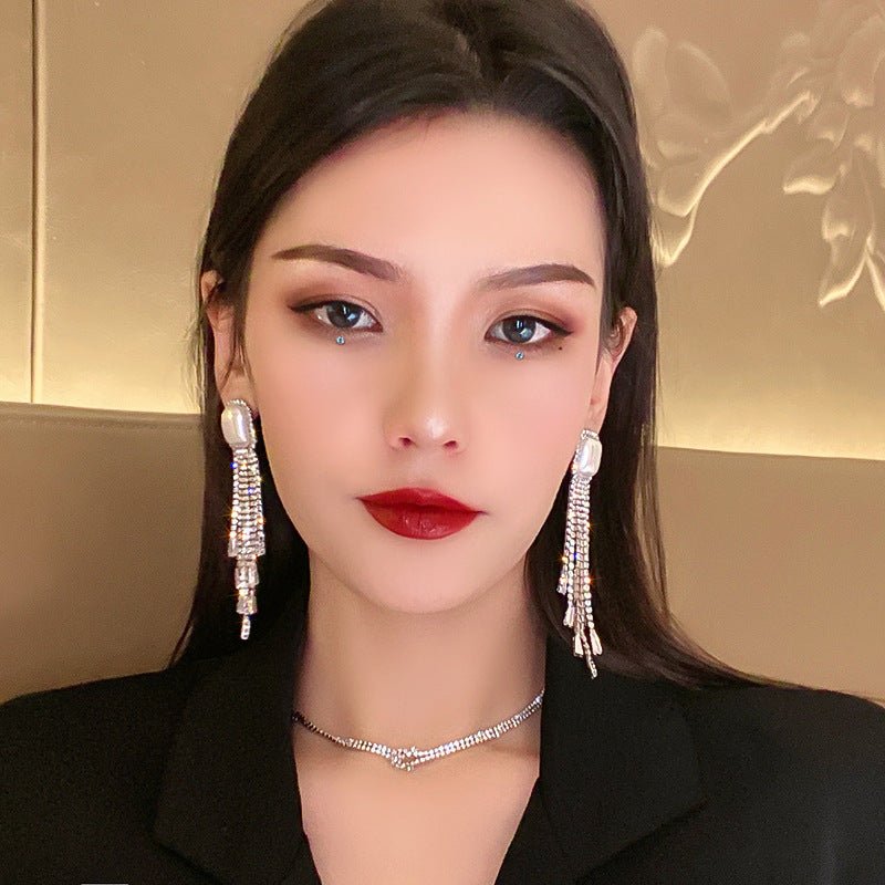 European And American Fashion Exaggerated Pearl Full Diamond Long Tassel Earrings-Jewearrings