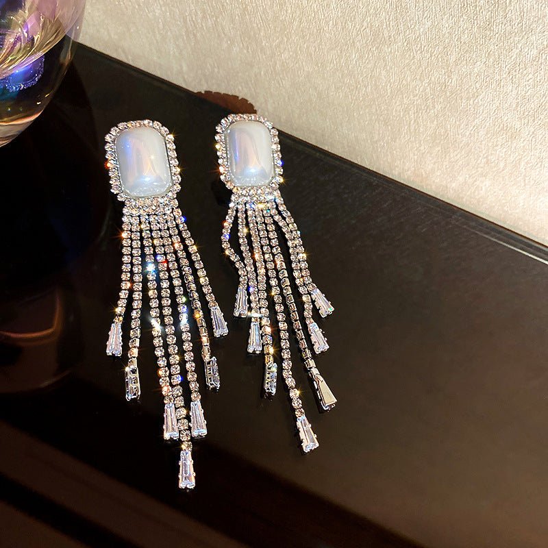 European And American Fashion Exaggerated Pearl Full Diamond Long Tassel Earrings-Jewearrings