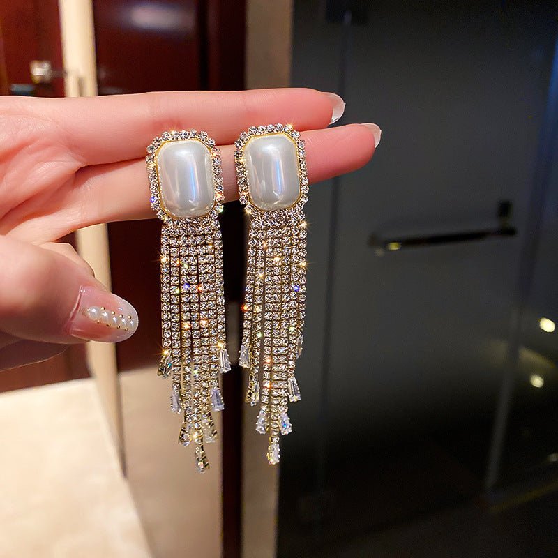 European And American Fashion Exaggerated Pearl Full Diamond Long Tassel Earrings-Jewearrings