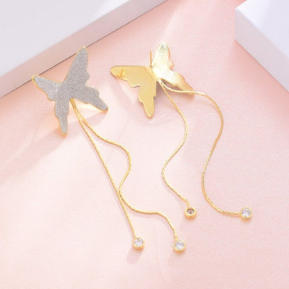 European And American Fashion Tassel Chain Long Silver Butterfly Earrings Women-Jewearrings