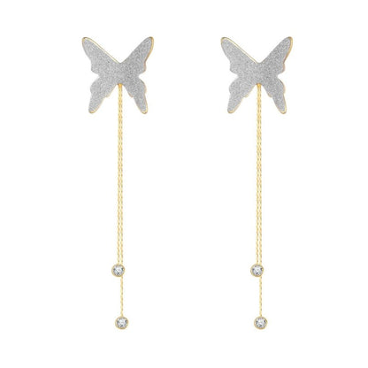 European And American Fashion Tassel Chain Long Silver Butterfly Earrings Women-Jewearrings