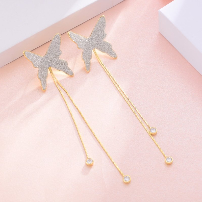 European And American Fashion Tassel Chain Long Silver Butterfly Earrings Women-Jewearrings