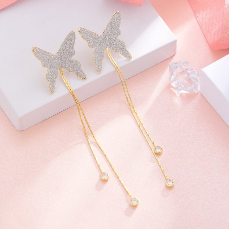 European And American Fashion Tassel Chain Long Silver Butterfly Earrings Women-Jewearrings