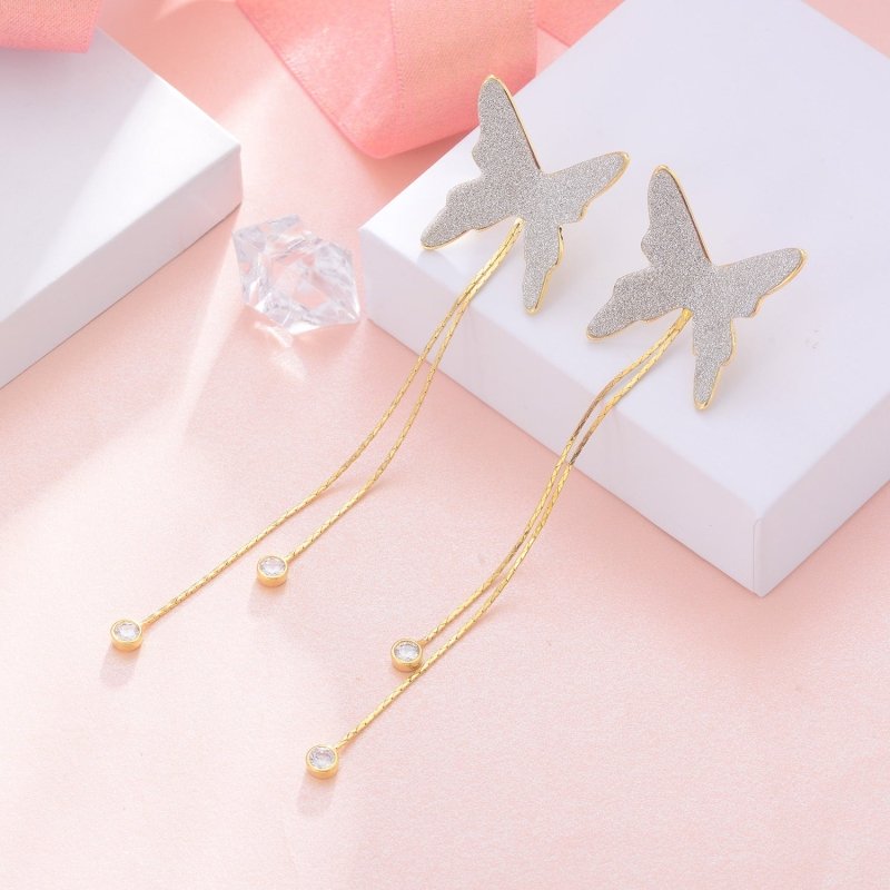 European And American Fashion Tassel Chain Long Silver Butterfly Earrings Women-Jewearrings